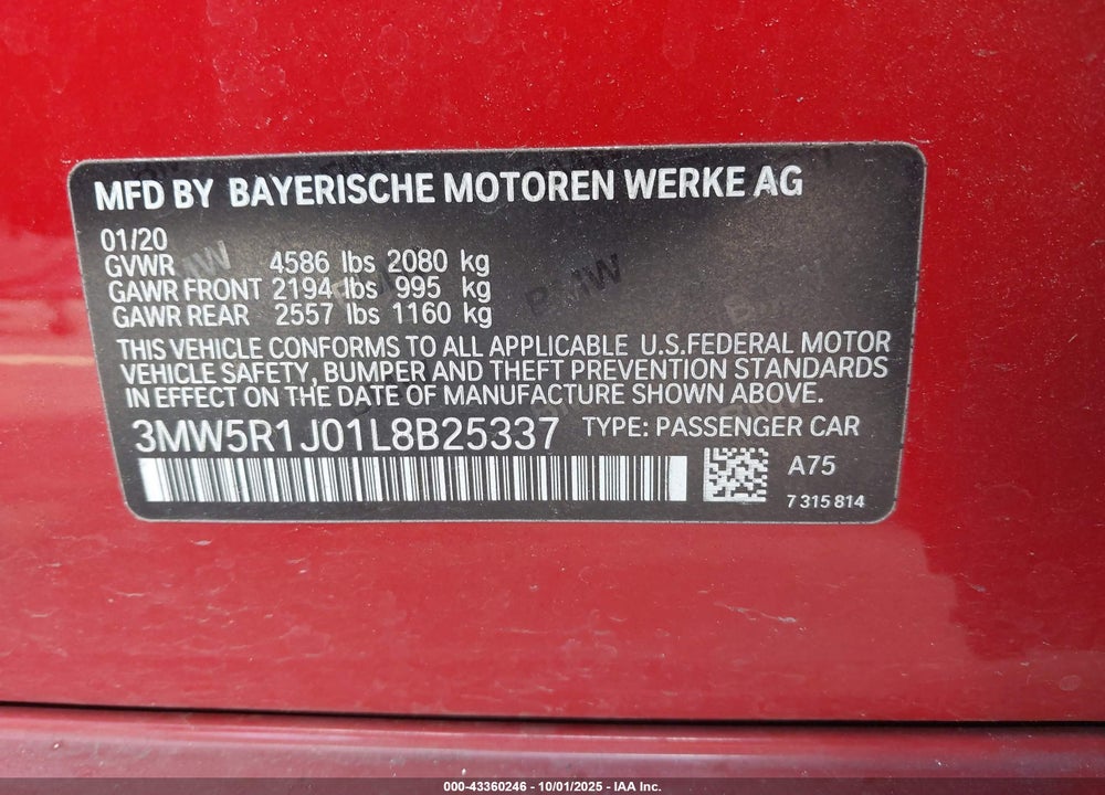 2020 BMW 330I VIN: 3MW5R1J01L8B25337