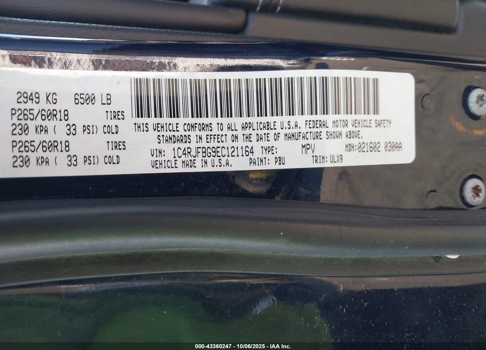 2014 JEEP GRAND CHEROKEE VIN: 1C4RJFBG9EC121164