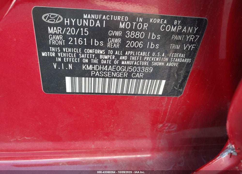 2016 HYUNDAI ELANTRA SE VIN: KMHDH4AE0GU503389