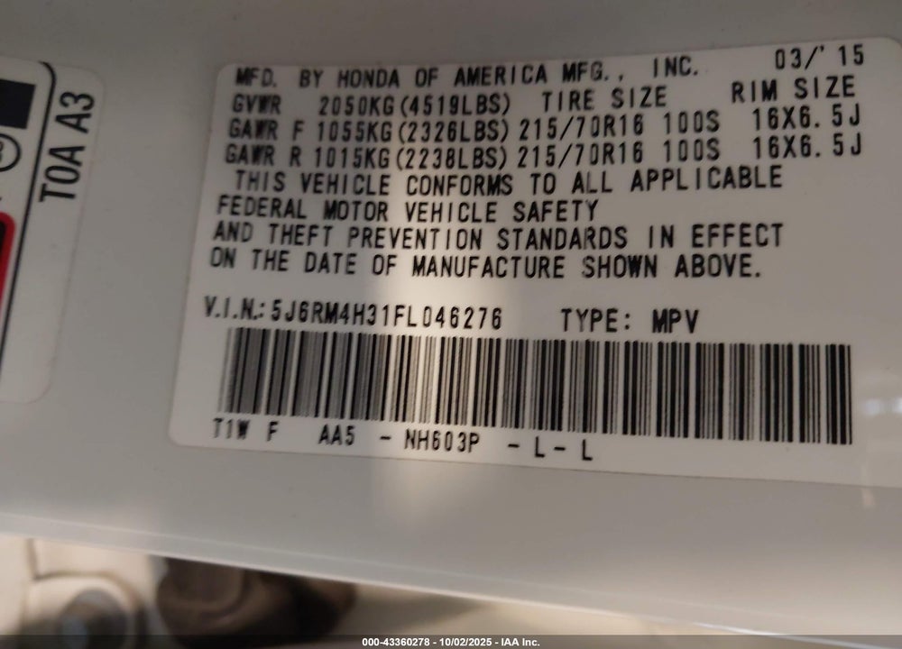 2015 HONDA CR-V VIN: 5J6RM4H31FL046276