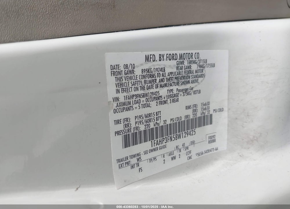 2011 FORD FOCUS SE VIN: 1FAHP3FN5BW129425