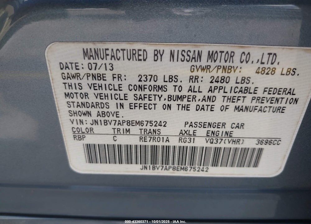 2014 INFINITI Q50 PREMIUM/SPORT VIN: JN1BV7AP8EM675242