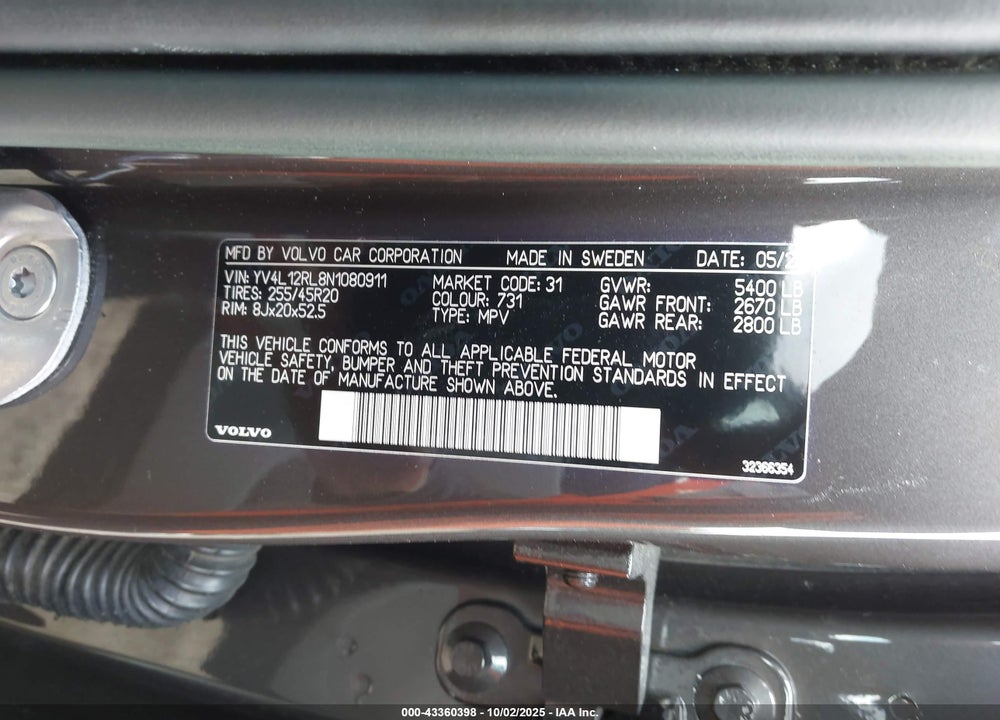 2022 VOLVO XC60 B5 INSCRIPTION VIN: YV4L12RL8N1080911
