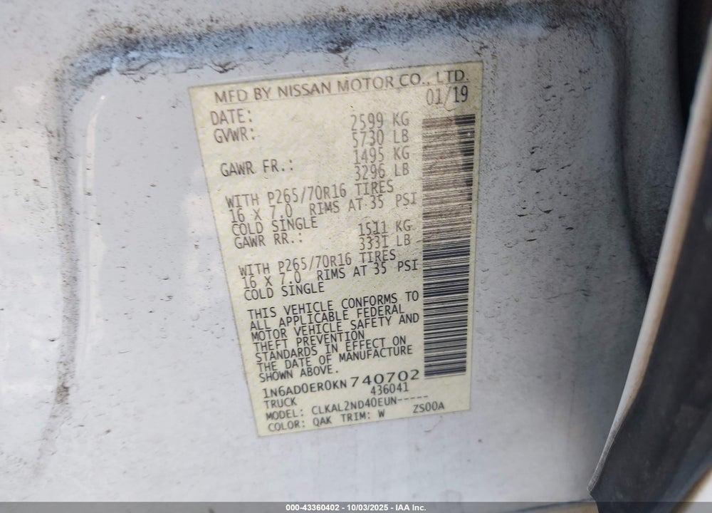 2019 NISSAN FRONTIER VIN: 1N6AD0ER0KN740702