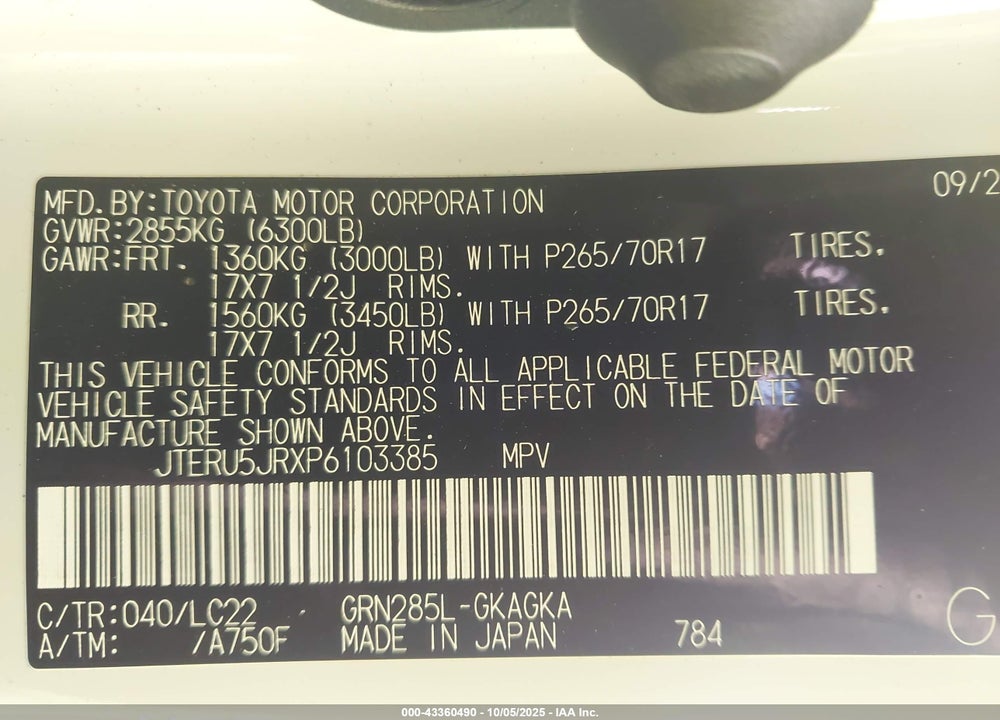 2023 TOYOTA 4RUNNER VIN: JTERU5JRXP6103385