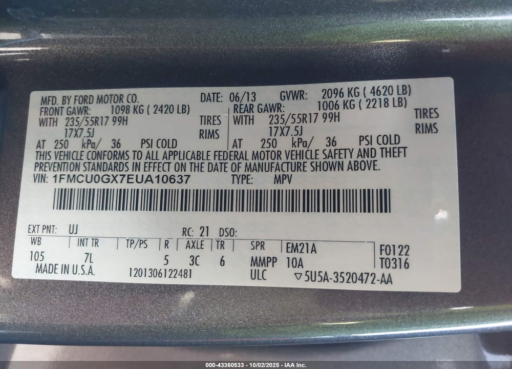 2014 FORD ESCAPE VIN: 1FMCU0GX7EUA10637