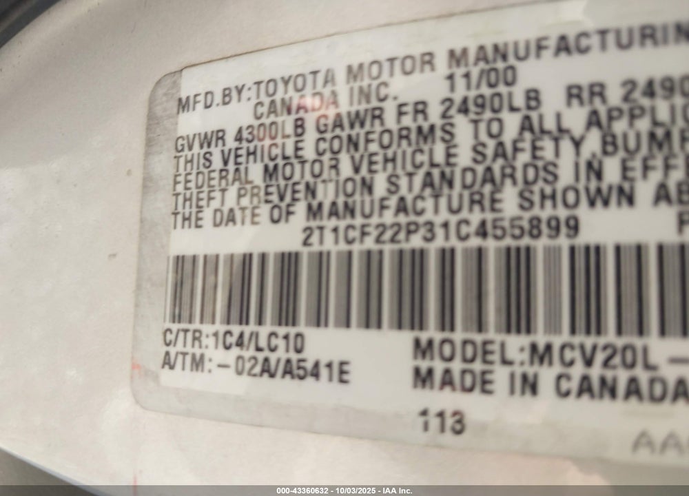 2001 TOYOTA CAMRY SOLARA SLE V6 VIN: 2T1CF22P31C455899