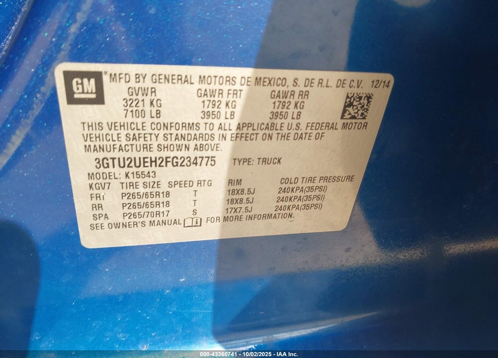2015 GMC SIERRA 1500 SLE VIN: 3GTU2UEH2FG234775