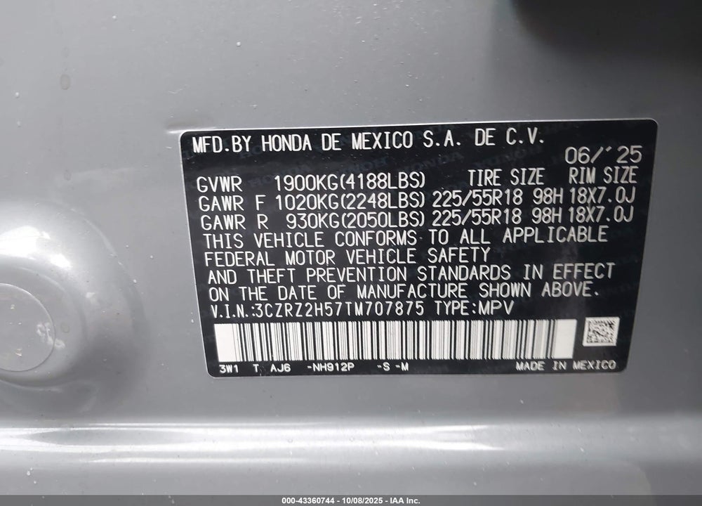 2026 HONDA HR-V AWD SPORT VIN: 3CZRZ2H57TM707875
