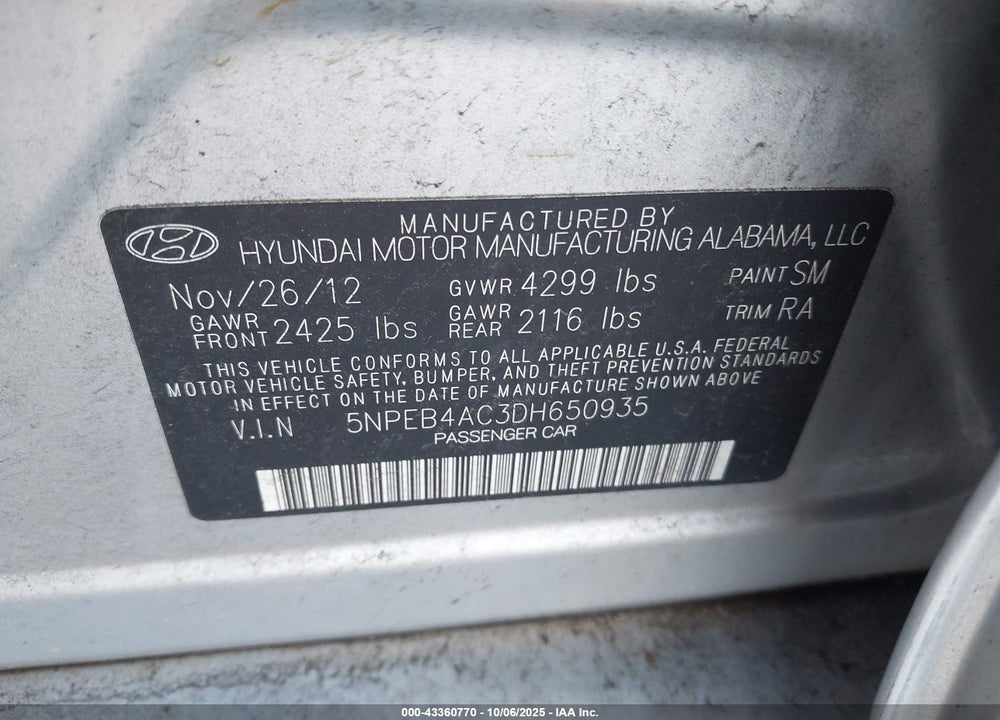 2013 HYUNDAI SONATA VIN: 5NPEB4AC3DH650935