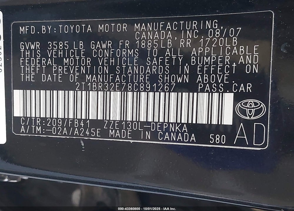 2008 TOYOTA COROLLA VIN: 2T1BR32E78C891267