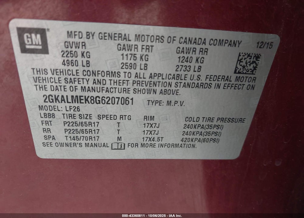 2016 GMC TERRAIN VIN: 2GKALMEK8G6207061
