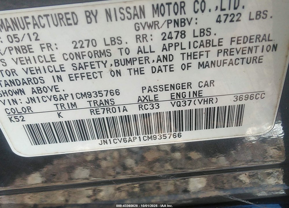 2012 INFINITI G37 VIN: JN1CV6AP1CM935766