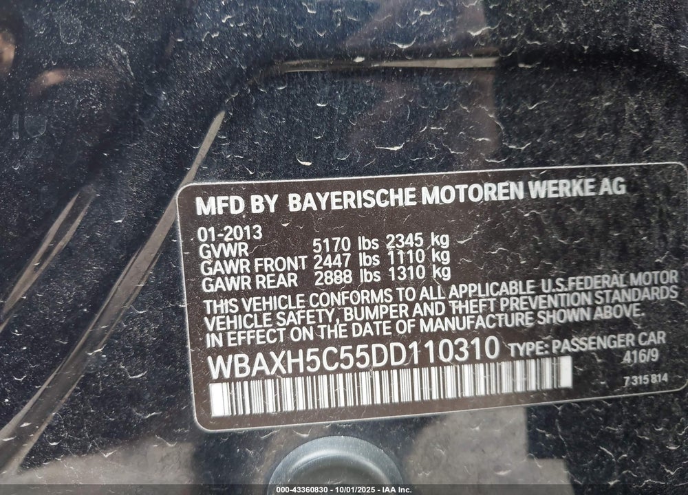 2013 BMW 5 SERIES VIN: WBAXH5C55DD110310
