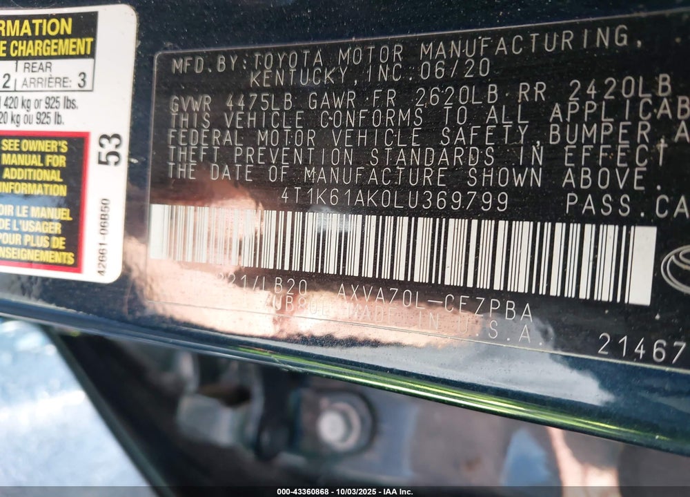 2020 TOYOTA CAMRY XSE VIN: 4T1K61AK0LU369799