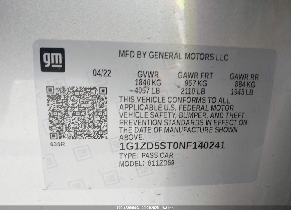 2022 CHEVROLET MALIBU FWD LT VIN: 1G1ZD5ST0NF140241