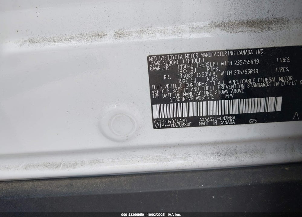 2020 TOYOTA RAV4 VIN: 2T3C1RFV9LW065513