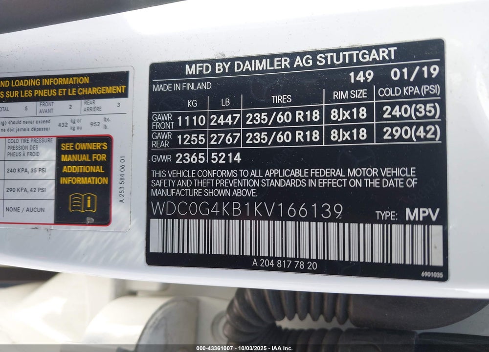 2019 MERCEDES-BENZ GLC CLASS VIN: WDC0G4KB1KV166139