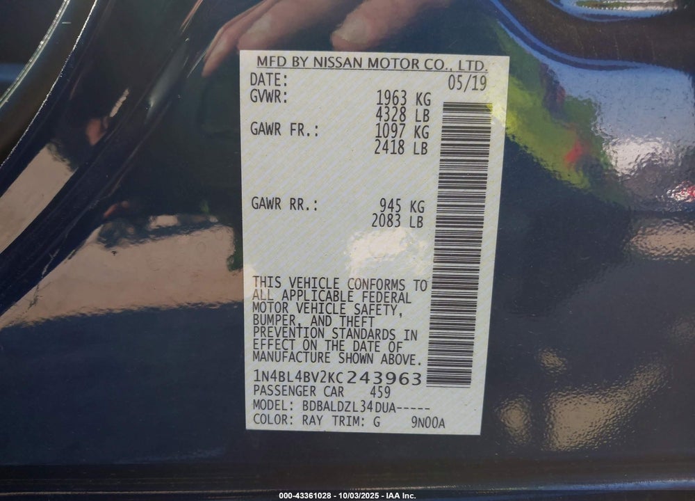 2019 NISSAN ALTIMA 2.5 S VIN: 1N4BL4BV2KC243963