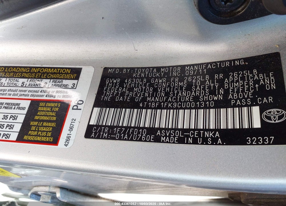 2012 TOYOTA CAMRY LE VIN: 4T1BF1FK9CU001310
