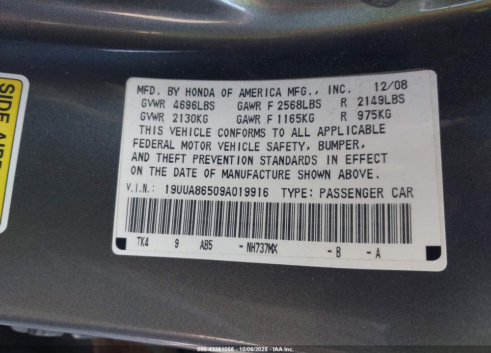 2009 ACURA TL VIN: 19UUA86509A019916
