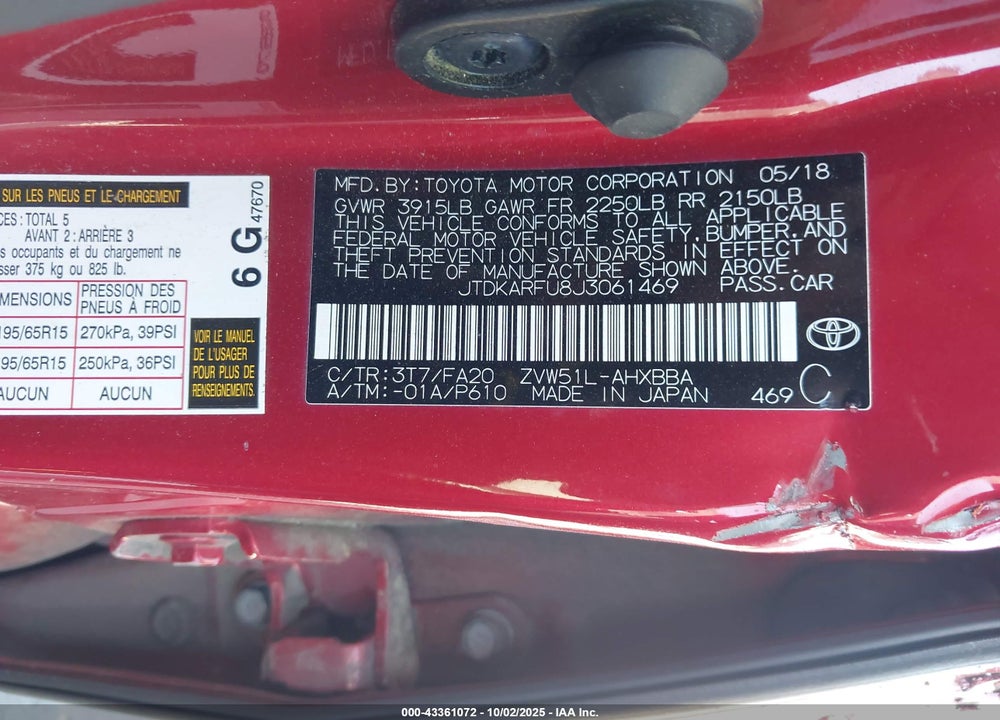 2018 TOYOTA PRIUS TWO ECO VIN: JTDKARFU8J3061469