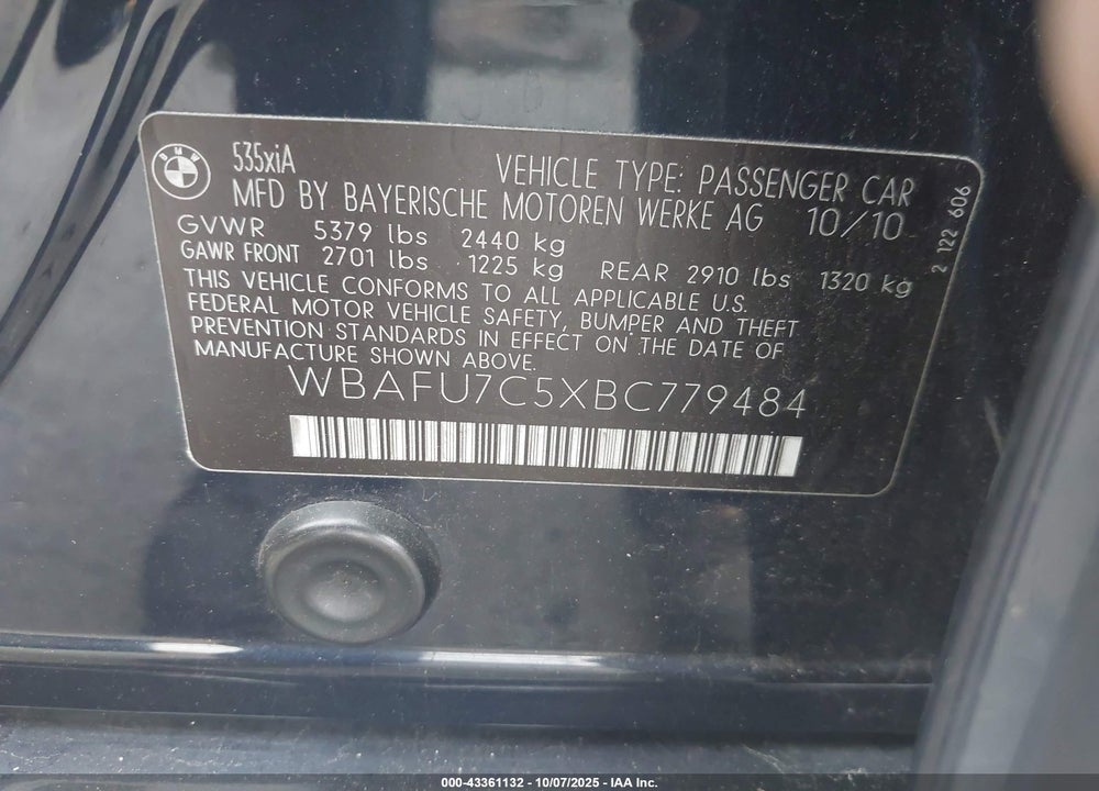 2011 BMW 5 SERIES VIN: WBAFU7C5XBC779484