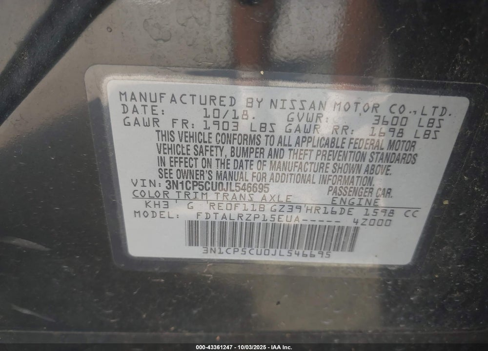 2018 NISSAN KICKS S VIN: 3N1CP5CU0JL546695