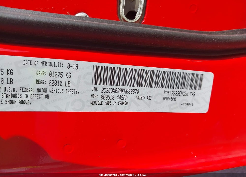 2019 DODGE CHARGER VIN: 2C3CDXBG8KH699370