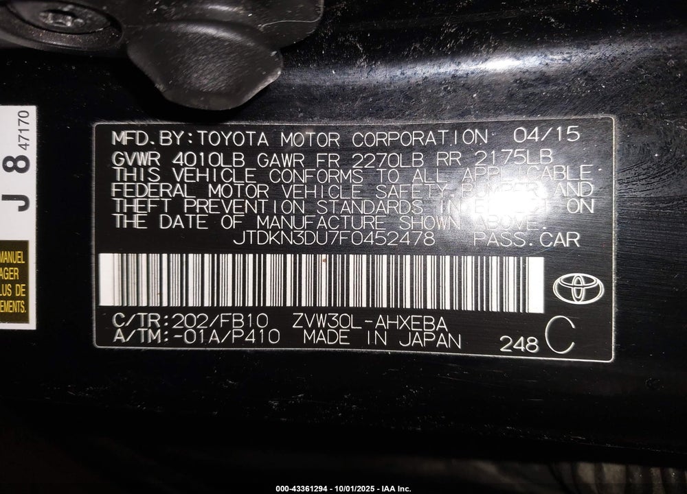 2015 TOYOTA PRIUS VIN: JTDKN3DU7F0452478