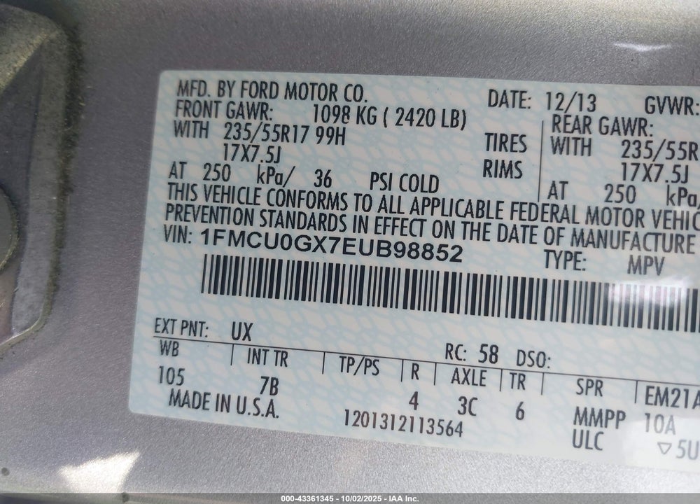 2014 FORD ESCAPE VIN: 1FMCU0GX7EUB98852