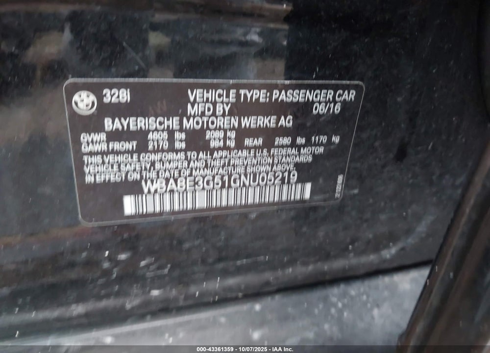 2016 BMW 328I XDRIVE VIN: WBA8E3G51GNU05219