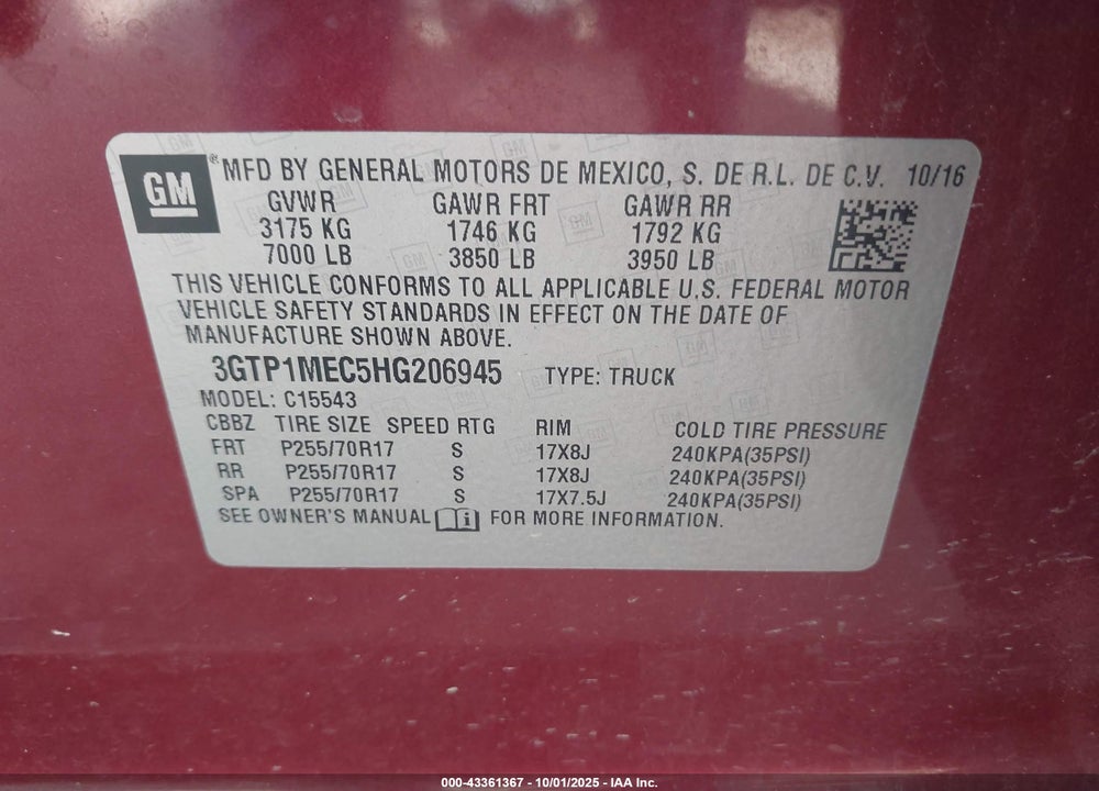 2017 GMC SIERRA 1500 SLE VIN: 3GTP1MEC5HG206945