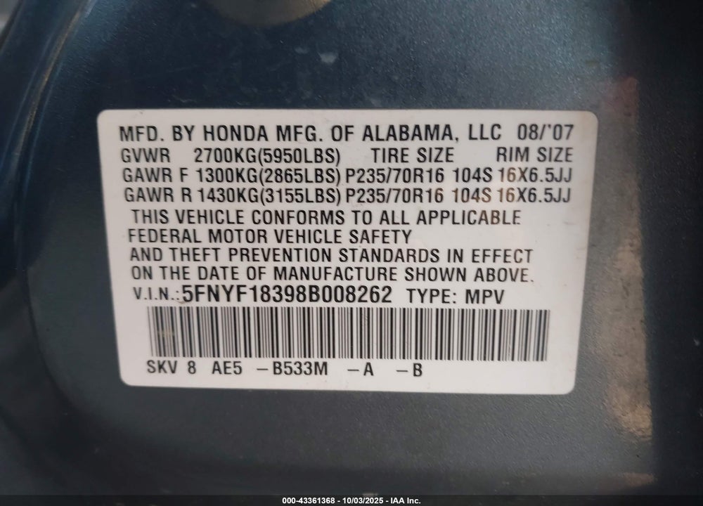 2008 HONDA PILOT VIN: 5FNYF18398B008262