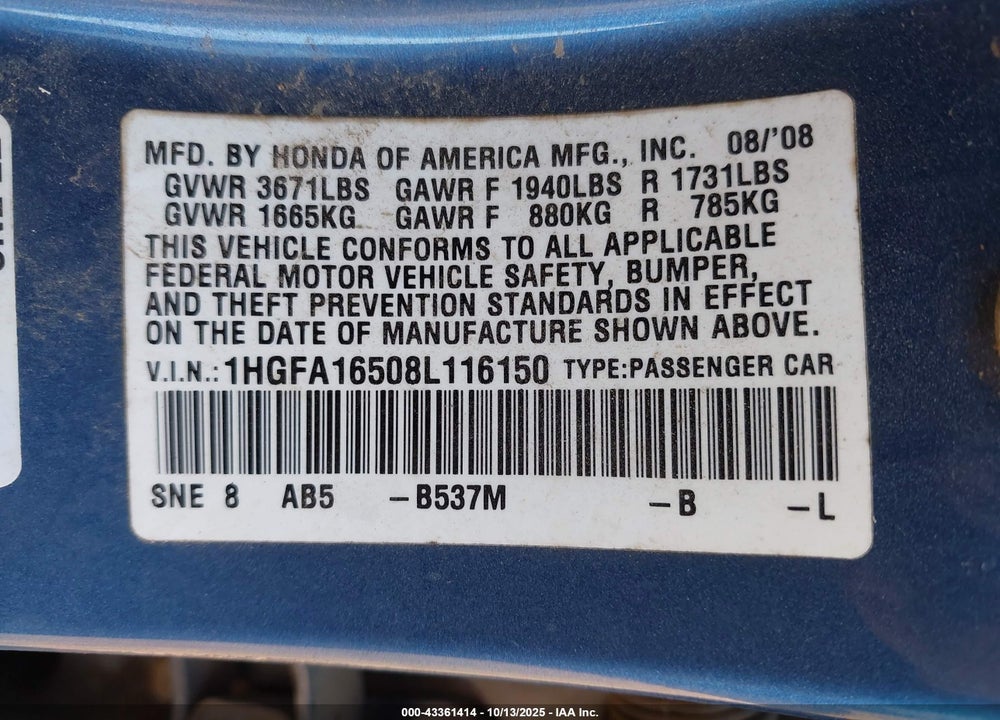 2008 HONDA CIVIC VIN: 1HGFA16508L116150