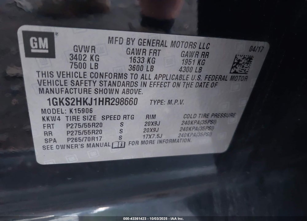 2017 GMC YUKON XL VIN: 1GKS2HKJ1HR298660