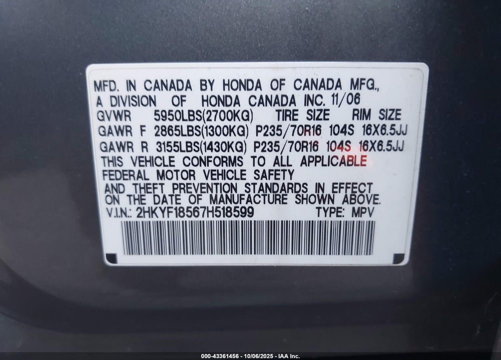 2007 HONDA PILOT EX-L VIN: 2HKYF18567H518599