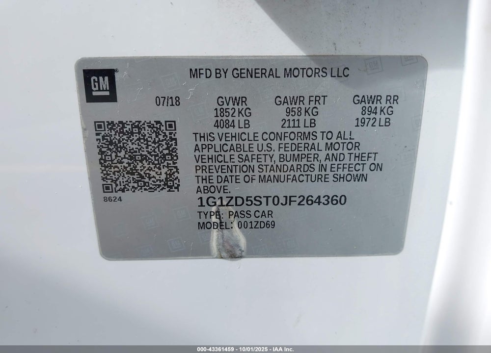 2018 CHEVROLET MALIBU LT VIN: 1G1ZD5ST0JF264360