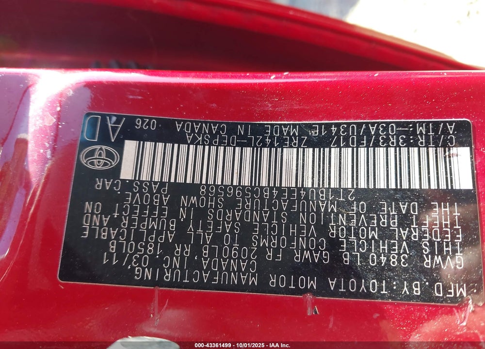 2011 TOYOTA COROLLA VIN: 2T1BU4EE4BC596568