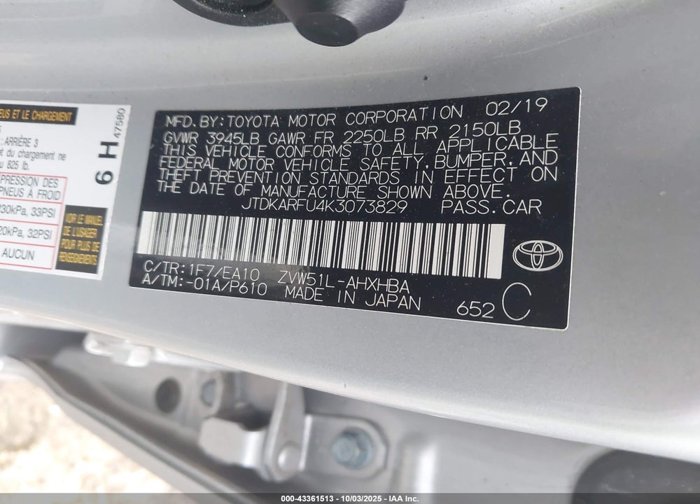 2019 TOYOTA PRIUS XLE VIN: JTDKARFU4K3073829