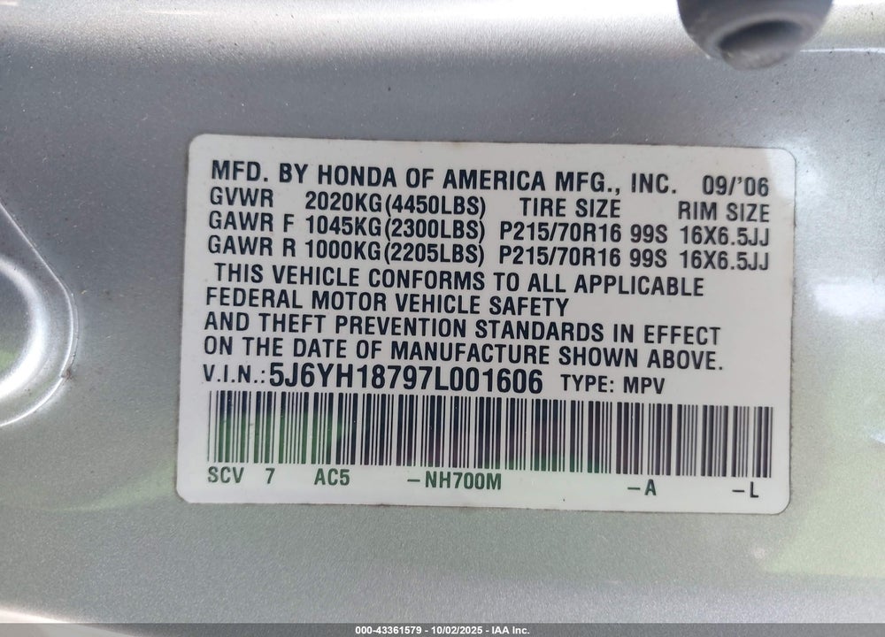 2007 HONDA ELEMENT VIN: 5J6YH18797L001606