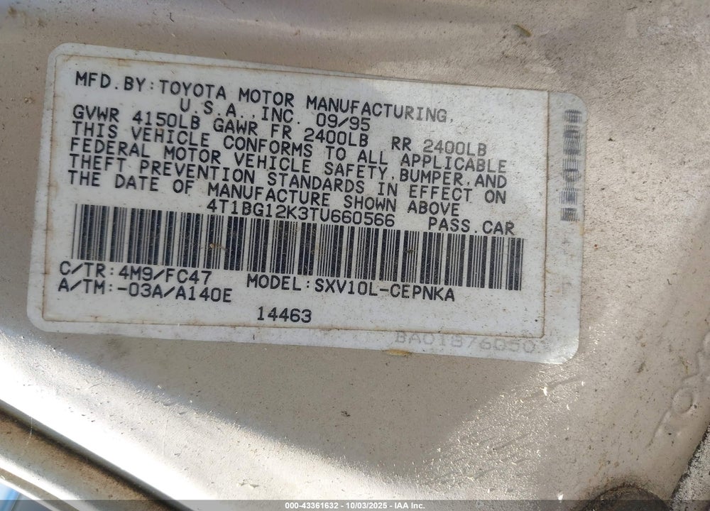 1996 TOYOTA CAMRY DX/LE/XLE VIN: 4T1BG12K3TU660566