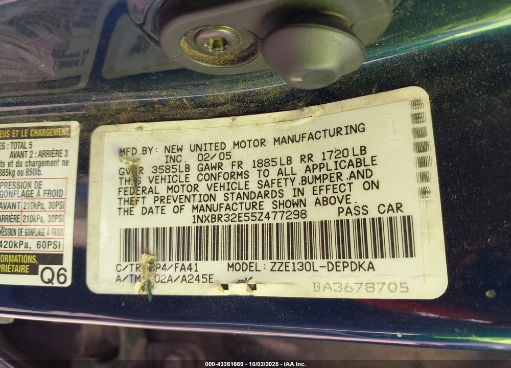 2005 TOYOTA COROLLA CE VIN: 1NXBR32E55Z477298
