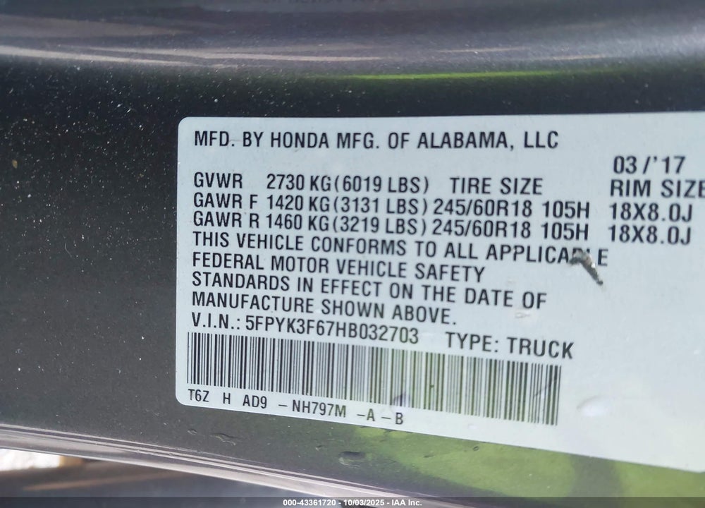 2017 HONDA RIDGELINE VIN: 5FPYK3F67HB032703