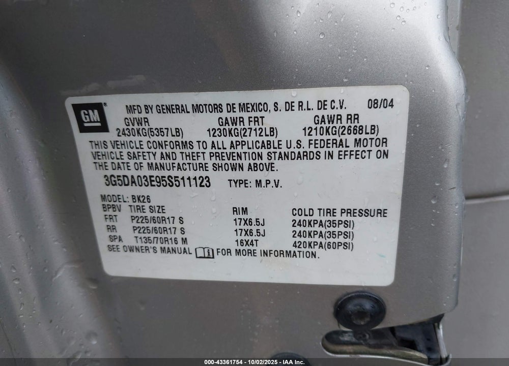 2005 BUICK RENDEZVOUS VIN: 3G5DA03E95S511123