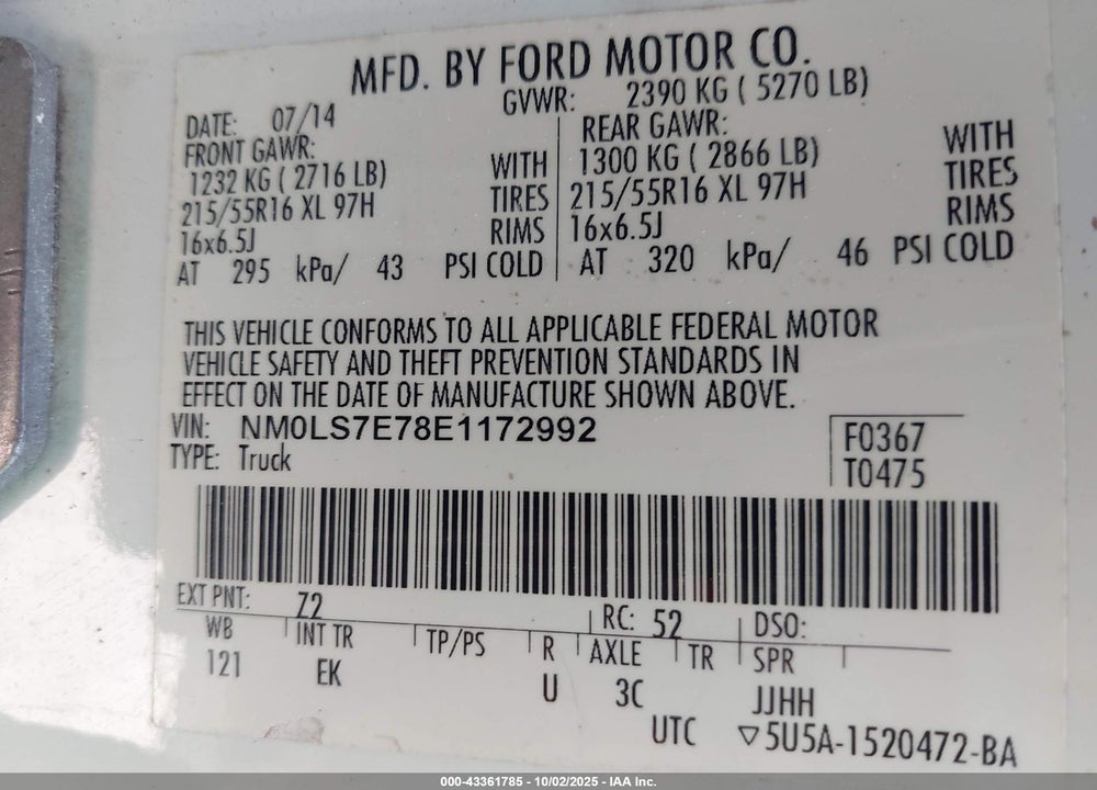 2014 FORD TRANSIT CONNECT XL VIN: NM0LS7E78E1172992
