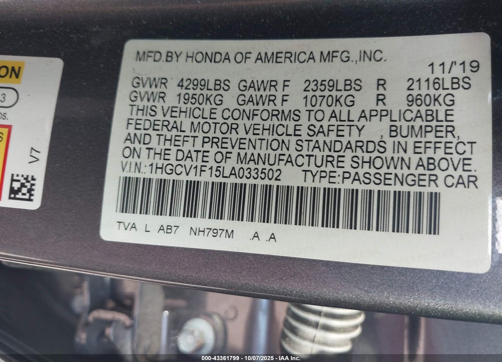 2020 HONDA ACCORD LX VIN: 1HGCV1F15LA033502
