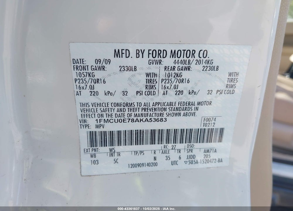 2010 FORD ESCAPE LIMITED VIN: 1FMCU0E78AKA53683