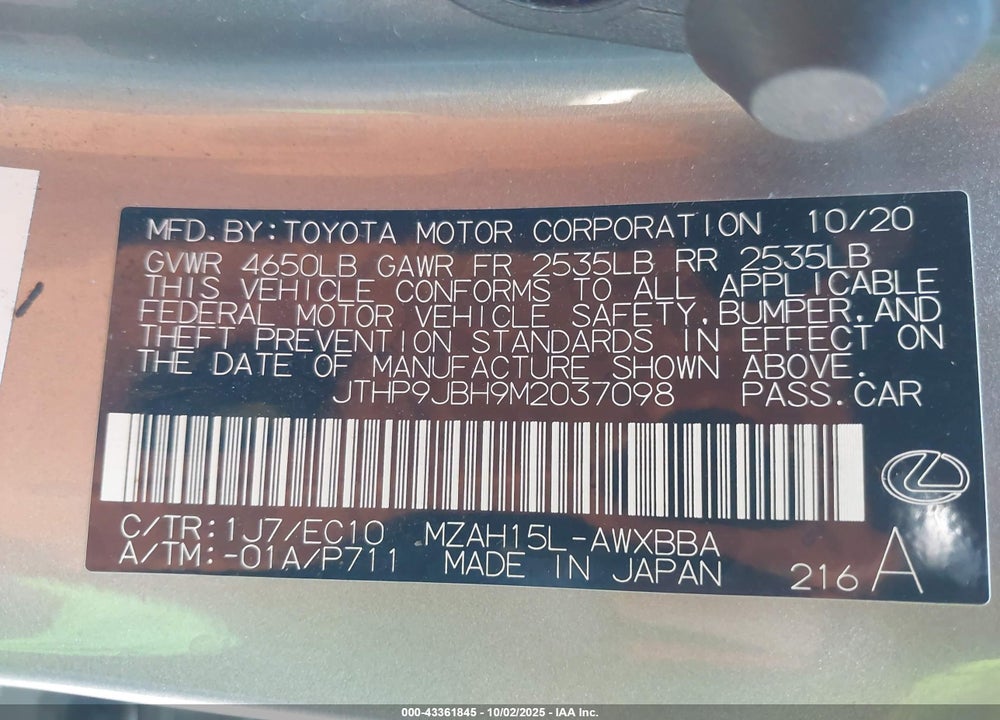 2021 LEXUS UX 250H VIN: JTHP9JBH9M2037098