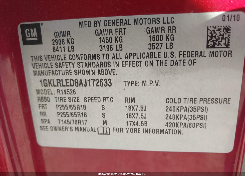 2010 GMC ACADIA SLE VIN: 1GKLRLED8AJ172633